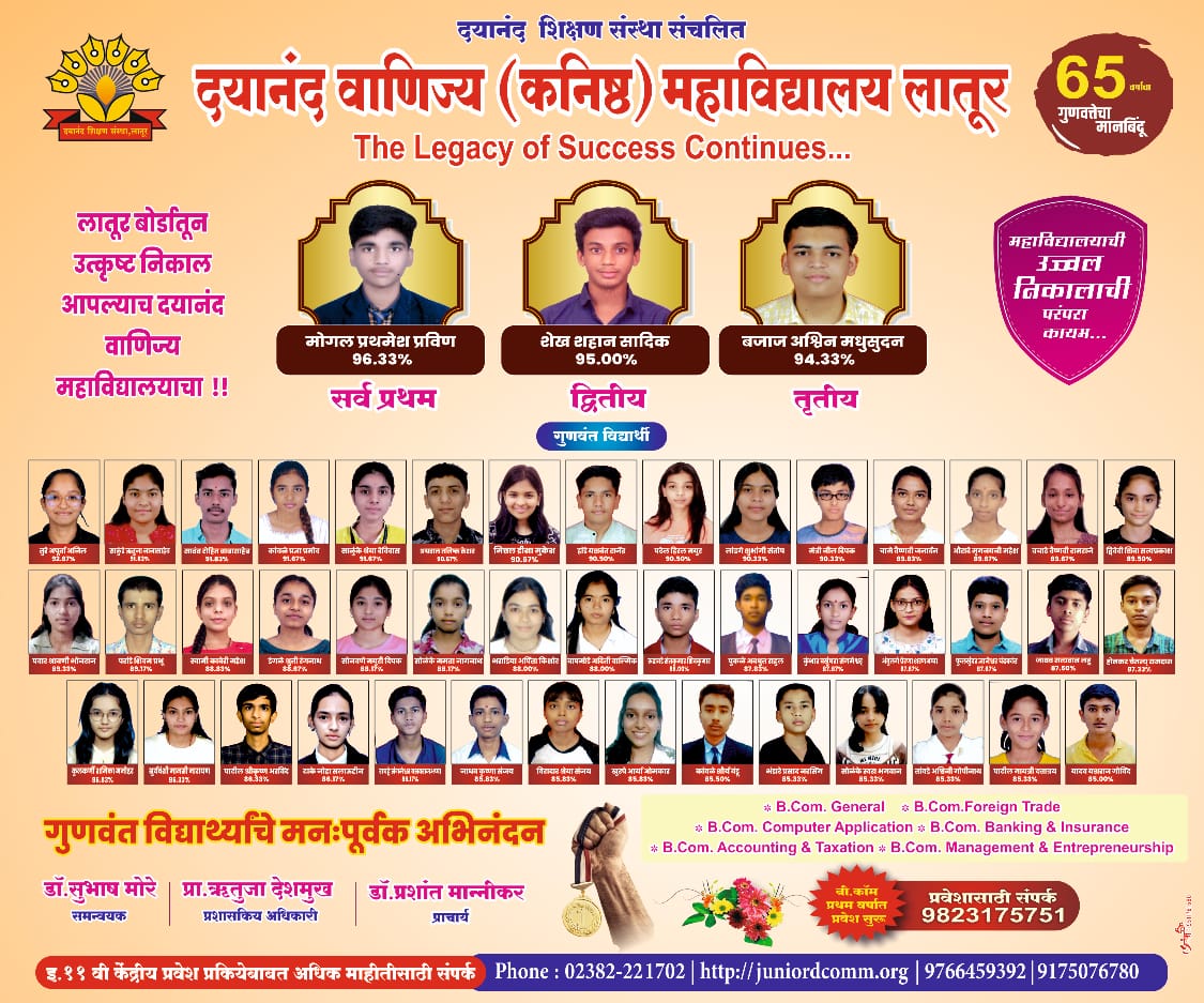 HSC Result 2025 — दयानंद वाणिज्य (कनिष्ठ) महाविद्यालय, लातूर